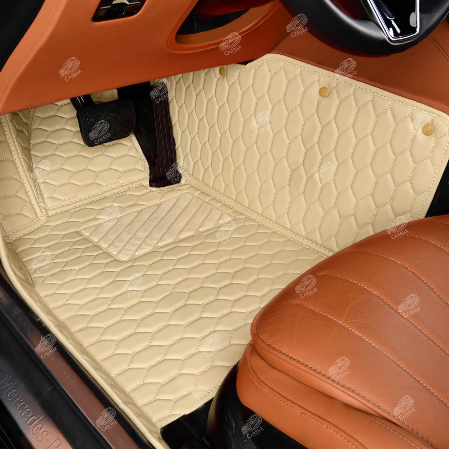 CREAM BEIGE STITCHING HONEY COMB LUXURY CAR MATS SET - Carsilks 