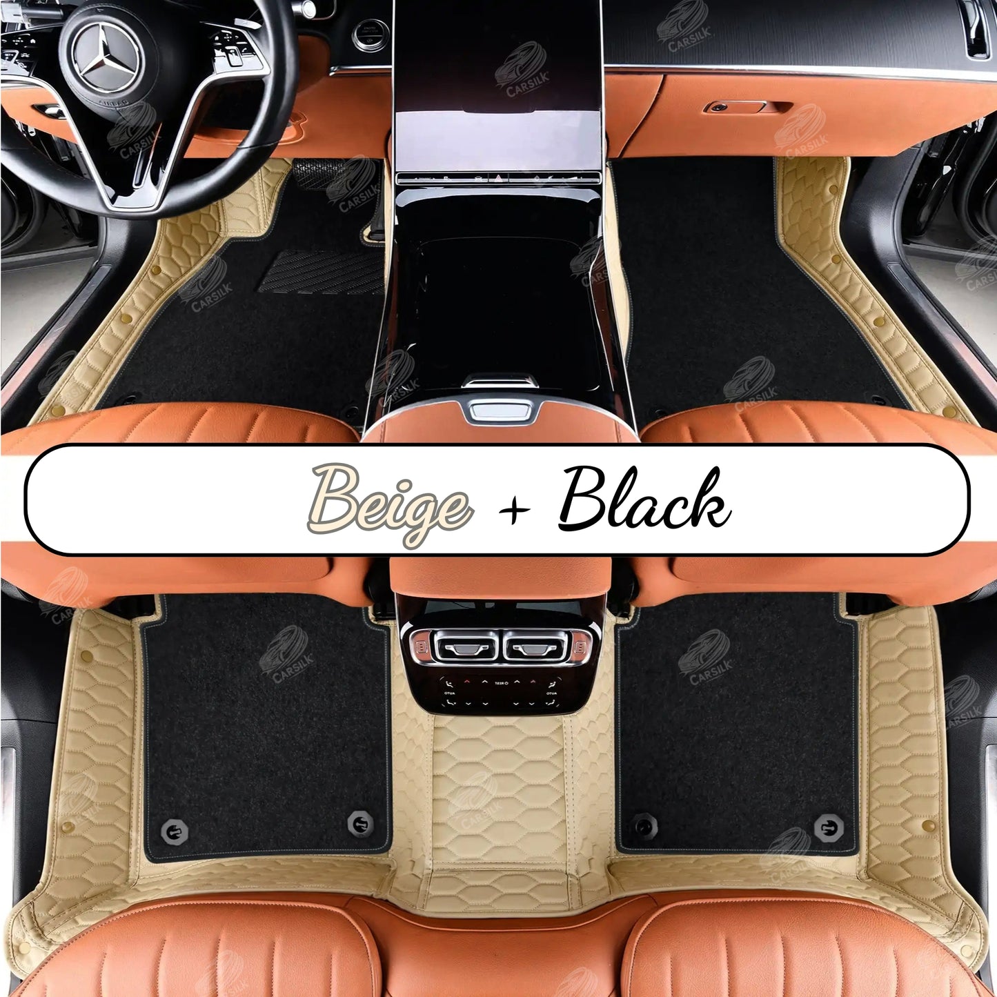 CREAM BEIGE HONEYCOMB BASE WITH BLACK TOP CARPET DOUBLE LAYER CAR MAT SET - Carsilks 