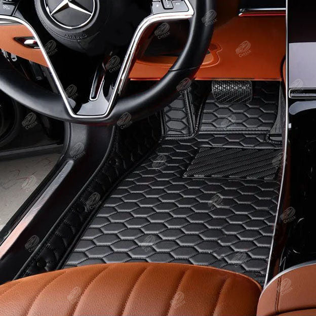 BLACK & BLACK STITCHING HONEY COMB LUXURY CAR MATS SET - Carsilks 