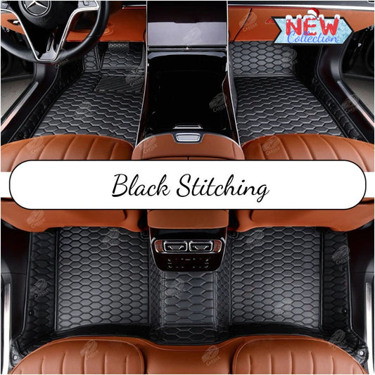 BLACK & BLACK STITCHING HONEY COMB LUXURY CAR MATS SET - Carsilks 