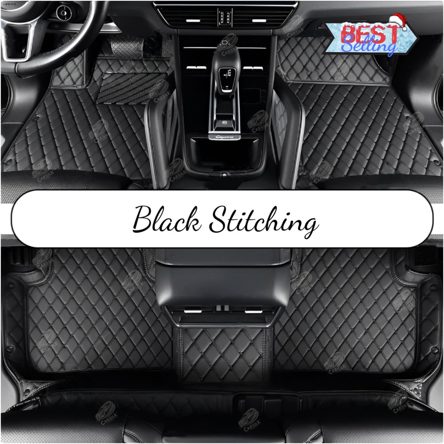 BLACK & BLACK STITCHING DIAMOND LUXURY CAR MATS SET - Carsilks 