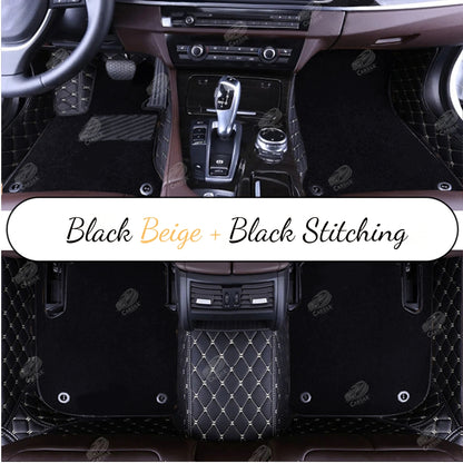 BLACK & BEIGE STITCHING DIAMOND BASE WITH BLACK TOP CARPET DOUBLE LAYER CAR MAT SET