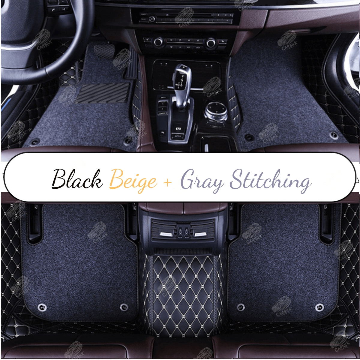 BLACK & BEIGE STITCHING DIAMOND BASE WITH RED TOP CARPET DOUBLE LAYER CAR MAT SET