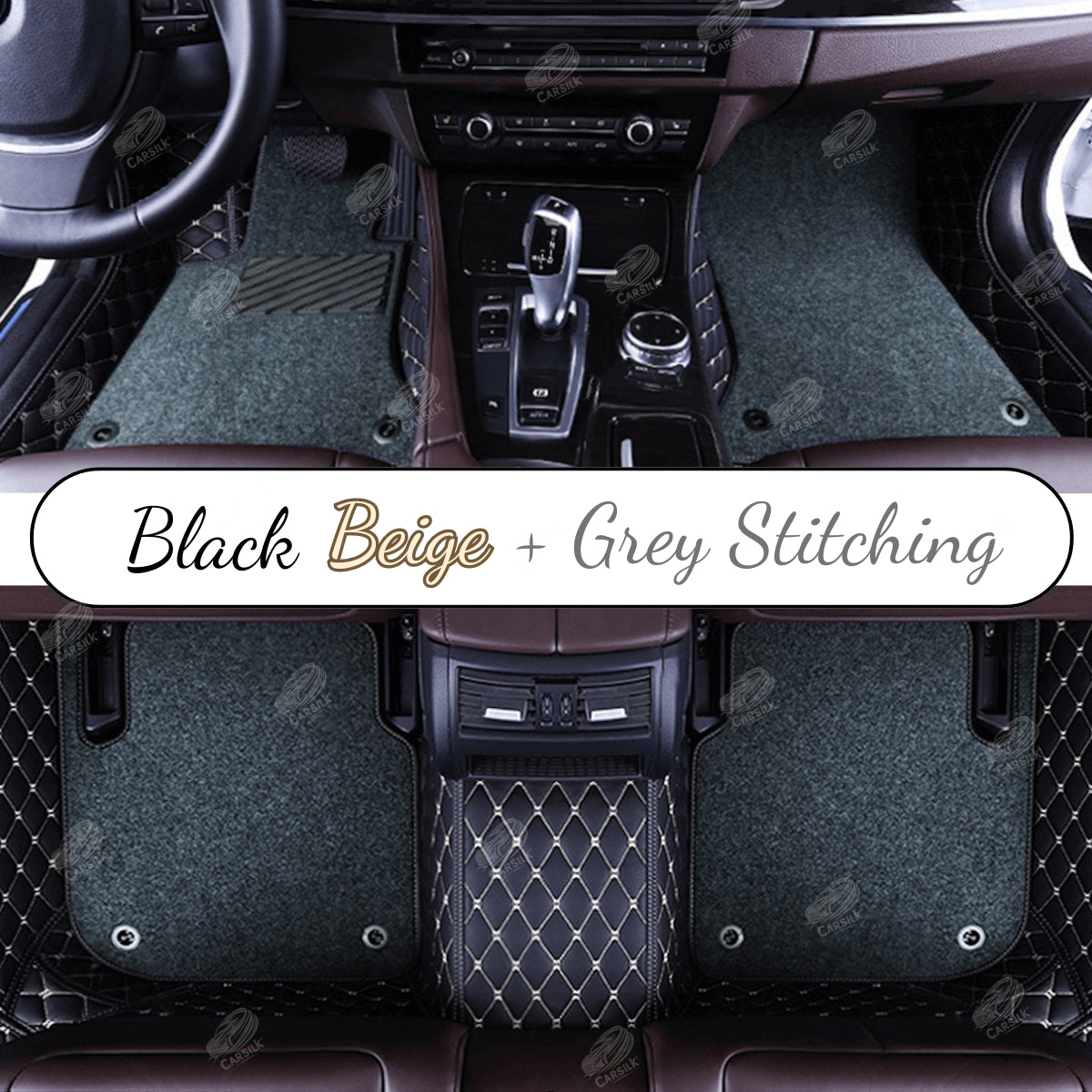 BLACK & BEIGE STITCHING DIAMOND BASE WITH GRAY TOP CARPET DOUBLE LAYER CAR MAT SET