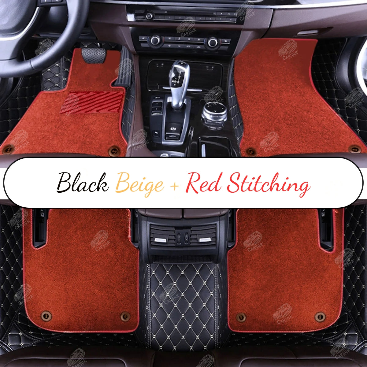 BLACK & BEIGE STITCHING DIAMOND BASE WITH GRAY TOP CARPET DOUBLE LAYER CAR MAT SET