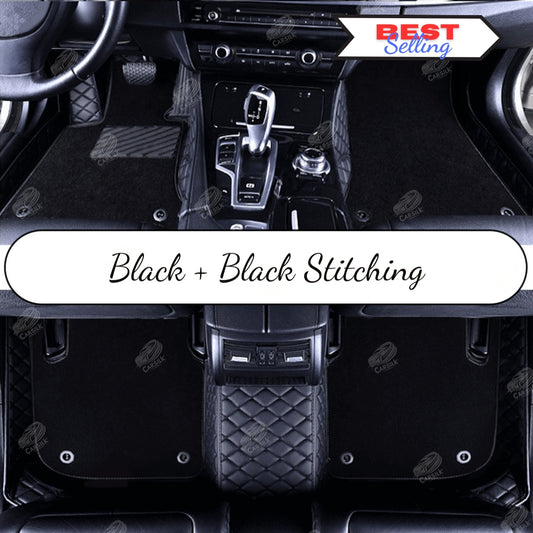 BLACK & BLACK STITCHING DIAMOND BASE WITH BLACK TOP CARPET DOUBLE LAYER CAR MAT SET - Carsilks 