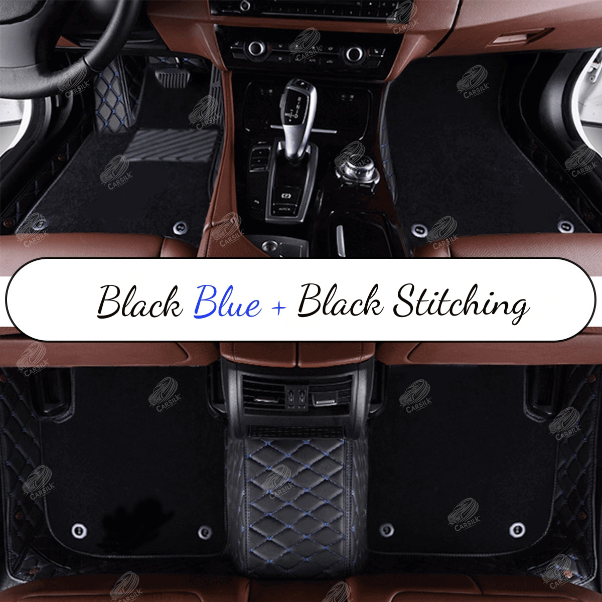 BLACK AND BLUE STITCHING DIAMOND BASE WITH GRAY TOP CARPET DOUBLE LAYER CAR MAT SET