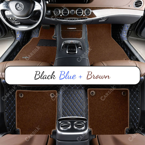 BLACK & BLUE STITCHING DIAMOND BASE WITH BROWN TOP CARPET DOUBLE LAYER CAR MAT SET - Carsilks 