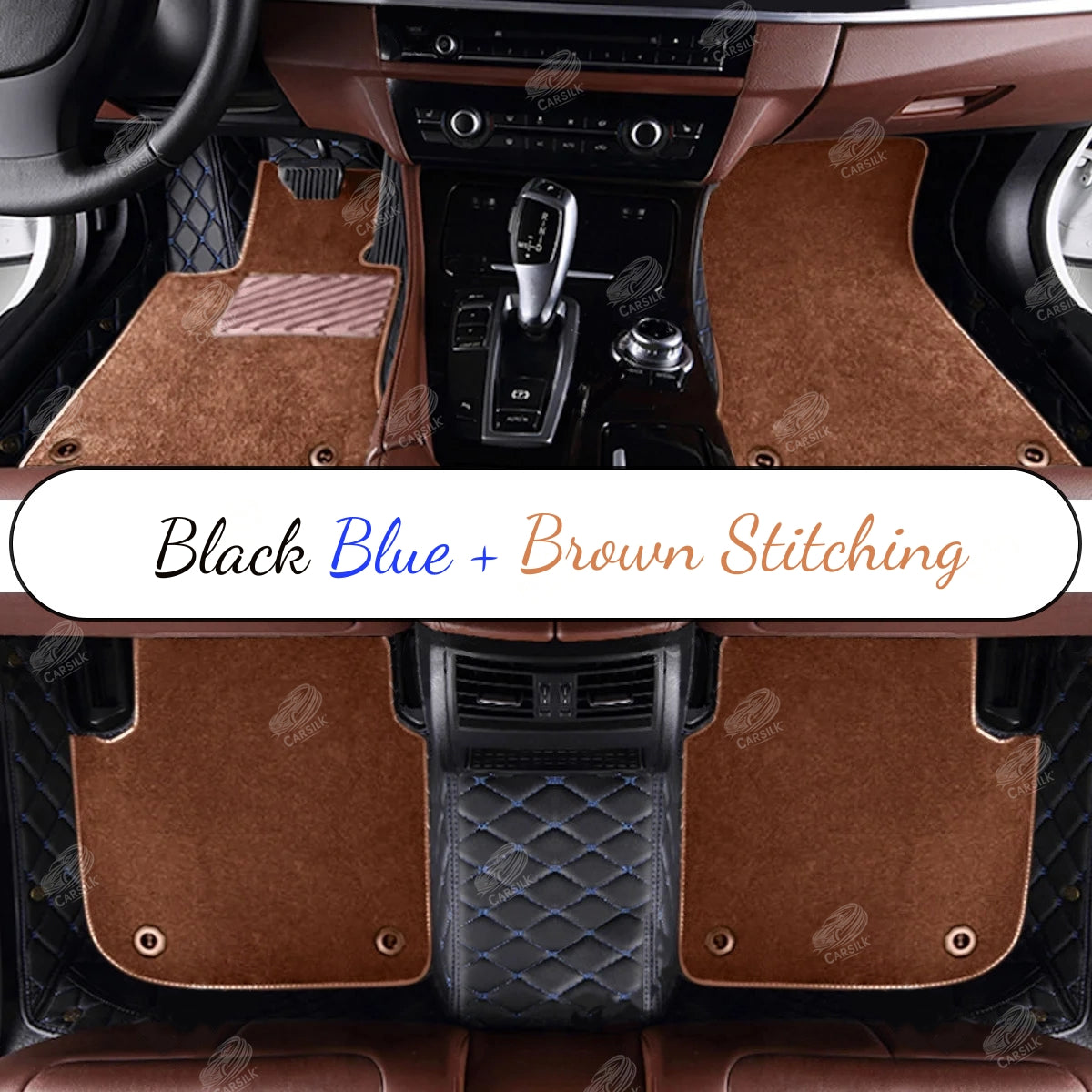 BLACK AND BLUE STITCHING DIAMOND BASE WITH BROWN TOP CARPET DOUBLE LAYER CAR MAT SET