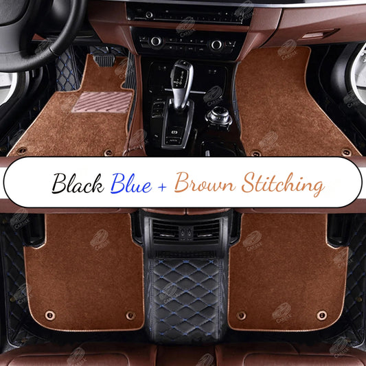 BLACK AND BLUE STITCHING DIAMOND BASE WITH BROWN TOP CARPET DOUBLE LAYER CAR MAT SET - Carsilks 