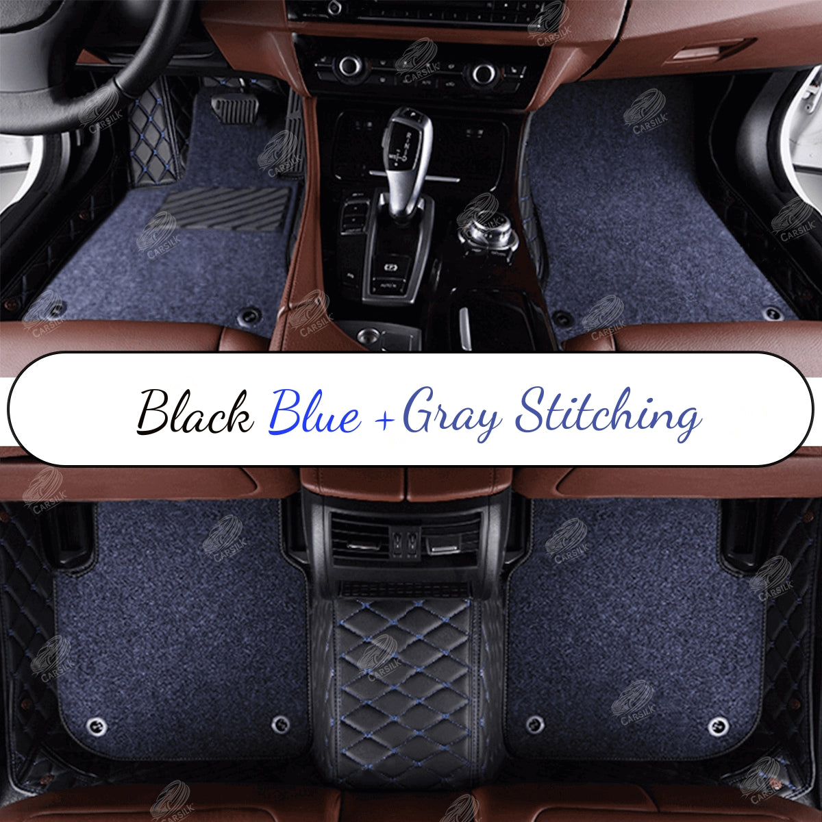 BLACK AND BLUE STITCHING DIAMOND BASE WITH BLACK TOP CARPET DOUBLE LAYER CAR MAT SET