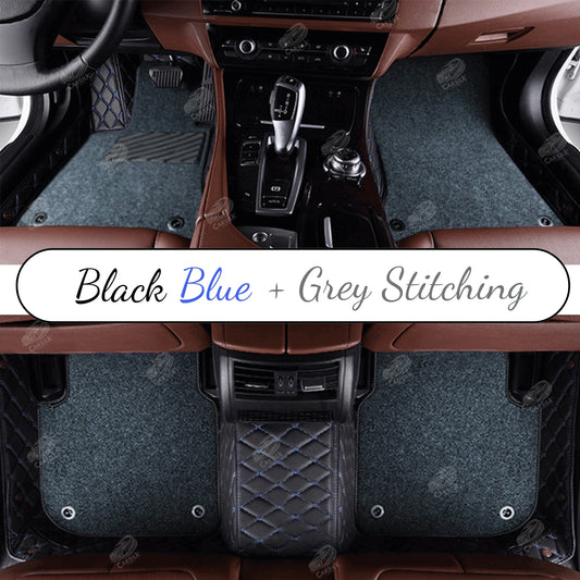 BLACK AND BLUE STITCHING DIAMOND BASE WITH GRAY TOP CARPET DOUBLE LAYER CAR MAT SET - Carsilks 