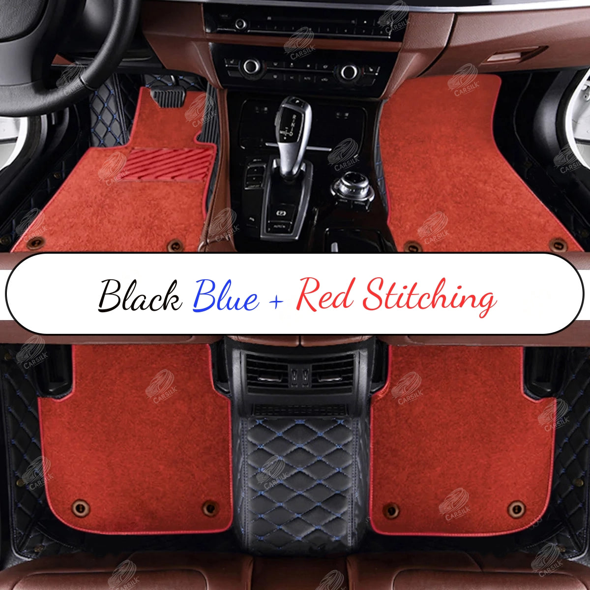 BLACK AND BLUE STITCHING DIAMOND BASE WITH BROWN TOP CARPET DOUBLE LAYER CAR MAT SET