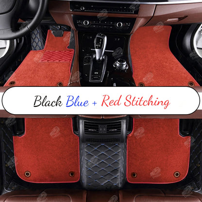 BLACK AND BLUE STITCHING DIAMOND BASE WITH RED TOP CARPET DOUBLE LAYER CAR MAT SET