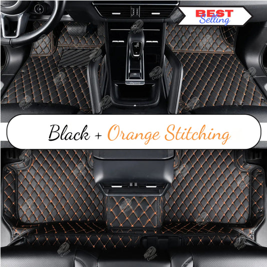 BLACK & ORANGE STITCHING DIAMOND LUXURY CAR MATS SET - Carsilks 