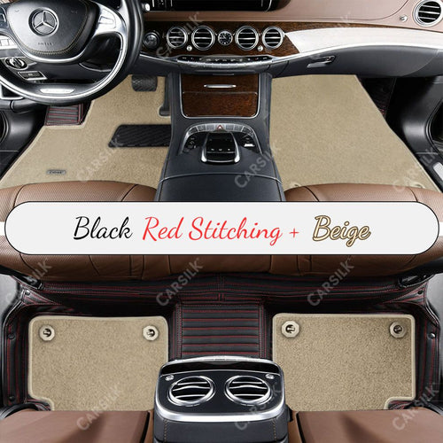 BLACK & RED STITCHING STRIPE BASE WITH BEIGE TOP CARPET DOUBLE LAYER CAR MAT SET - Carsilks 