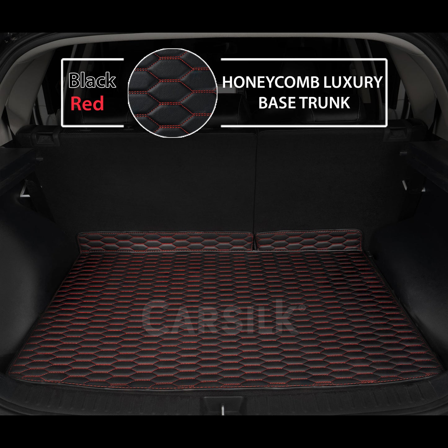 BLACK & RED STITCHING HONEYCOMB LUXURY BASE TRUNK CAR MATS SET - Carsilks 