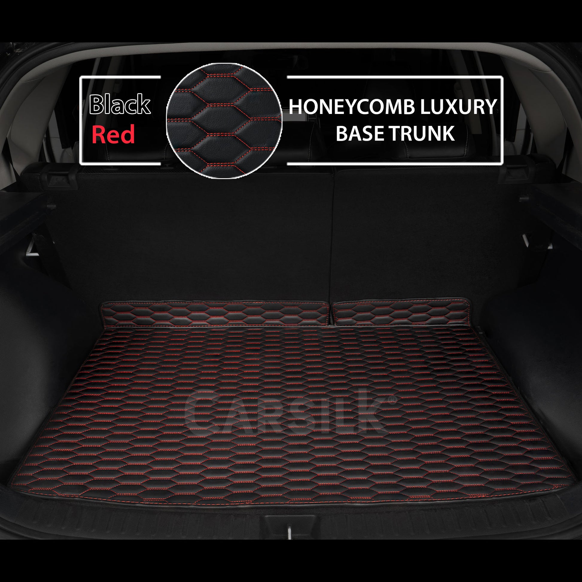 BLACK & RED STITCHING HONEYCOMB LUXURY BASE TRUNK CAR MATS SET - Carsilks 