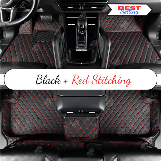 BLACK & RED STITCHING DIAMOND LUXURY CAR MATS SET - Carsilks 