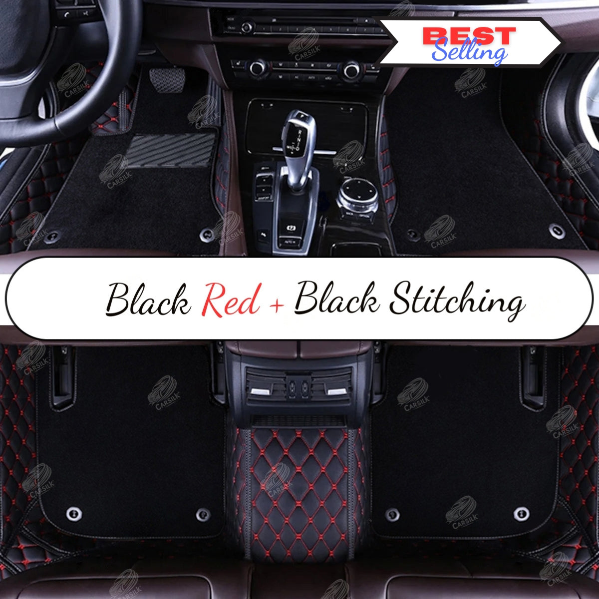 BLACK & RED STITCHING DIAMOND BASE WITH BLACK TOP CARPET DOUBLE LAYER CAR MAT SET