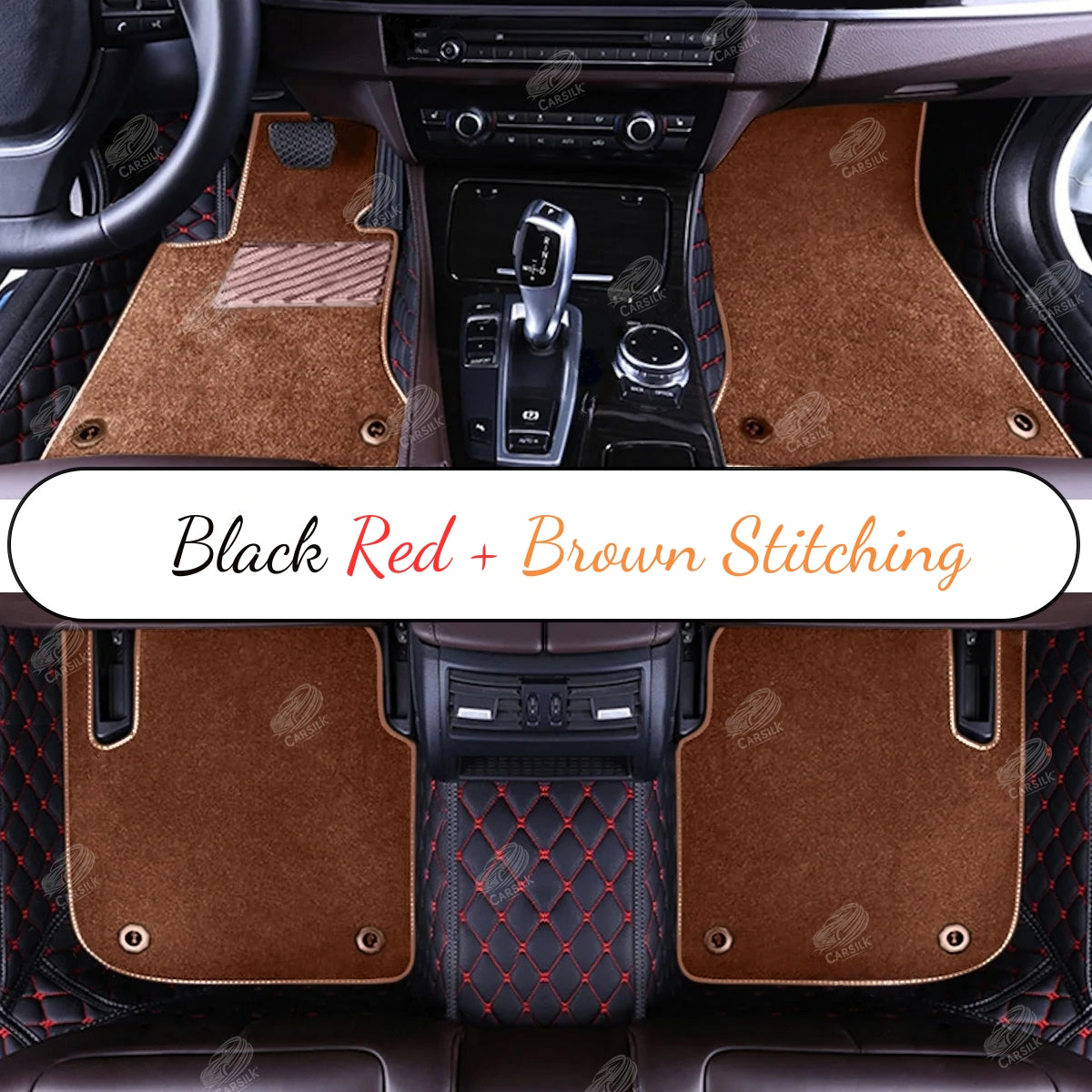 BLACK & RED STITCHING DIAMOND BASE WITH RED TOP CARPET DOUBLE LAYER CAR MAT SET