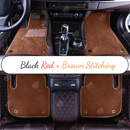 BLACK & RED STITCHING DIAMOND BASE WITH GRAY TOP CARPET DOUBLE LAYER CAR MAT SET