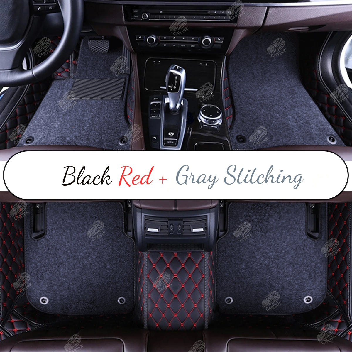 BLACK & RED STITCHING DIAMOND BASE WITH BLACK TOP CARPET DOUBLE LAYER CAR MAT SET