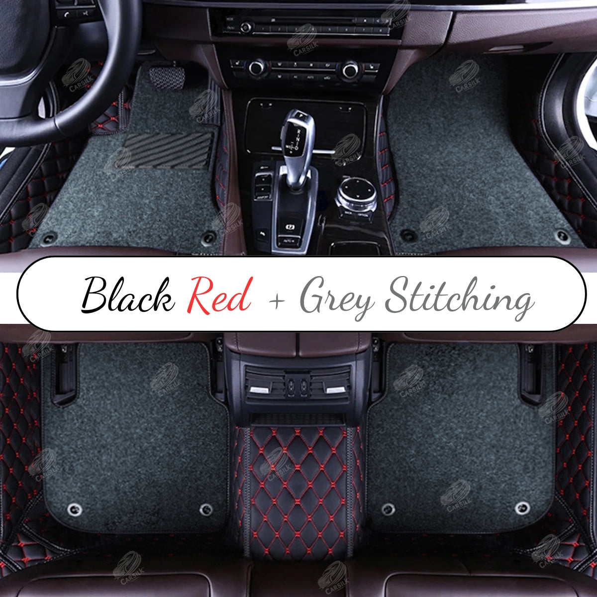 BLACK & RED STITCHING DIAMOND BASE WITH GRAY TOP CARPET DOUBLE LAYER CAR MAT SET - Carsilks 