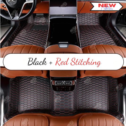 BLACK AND RED STITCHING HONEY COMB LUXURY CAR MATS SET