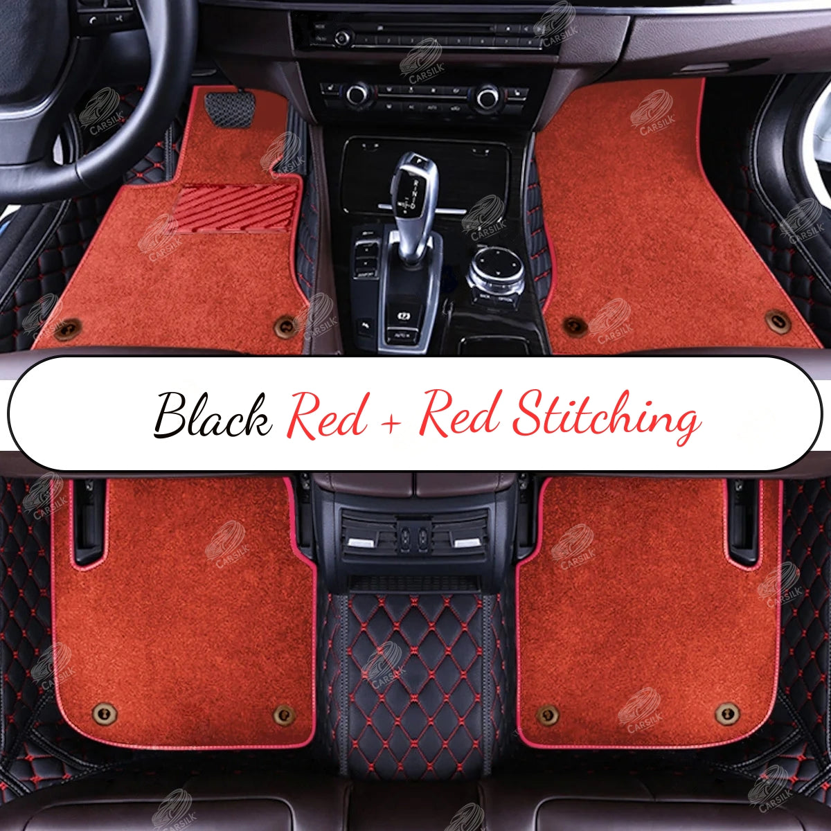 BLACK & RED STITCHING DIAMOND BASE WITH GRAY TOP CARPET DOUBLE LAYER CAR MAT SET