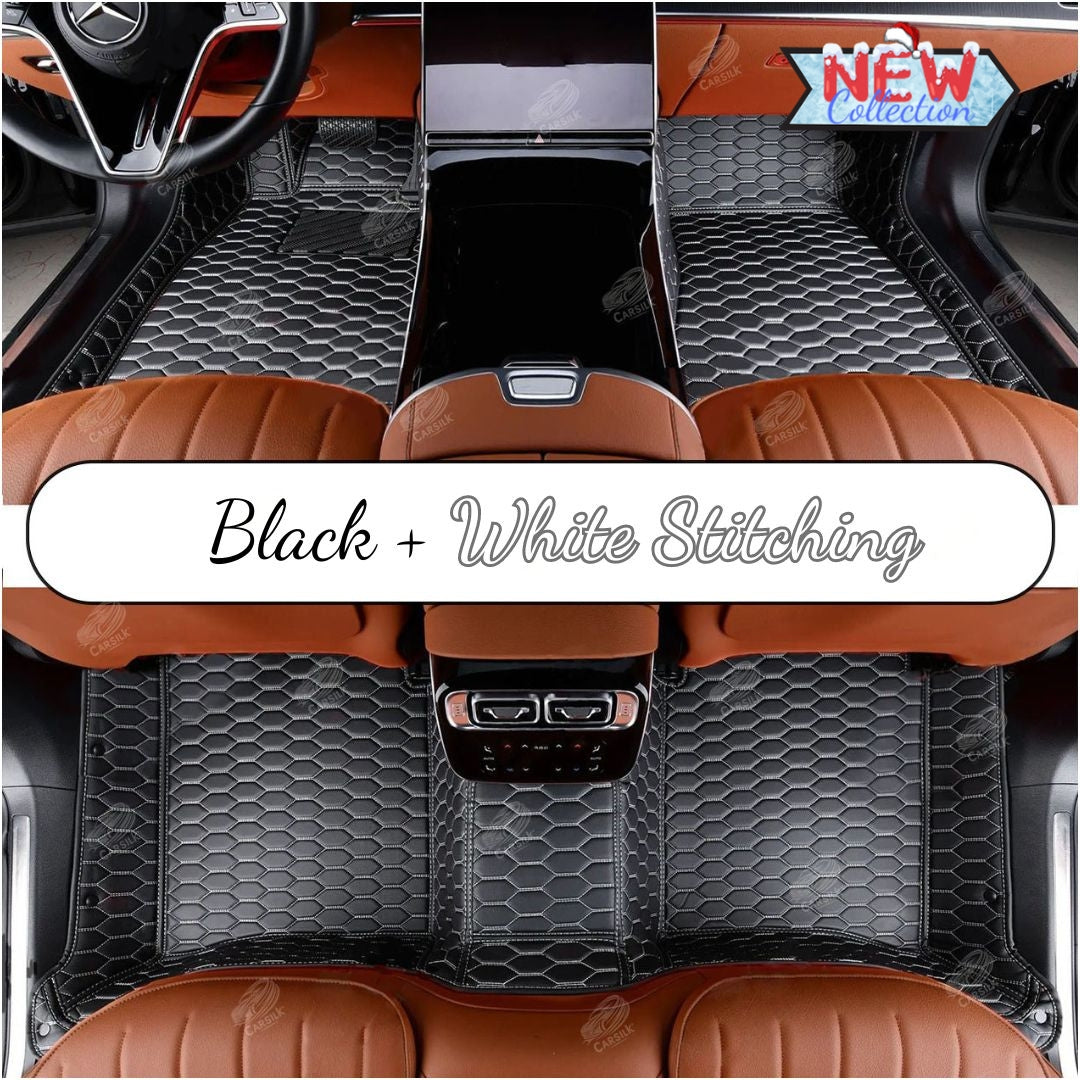 BLACK AND WHITE STITCHING HONEY COMB LUXURY CAR MATS SET - Carsilks 