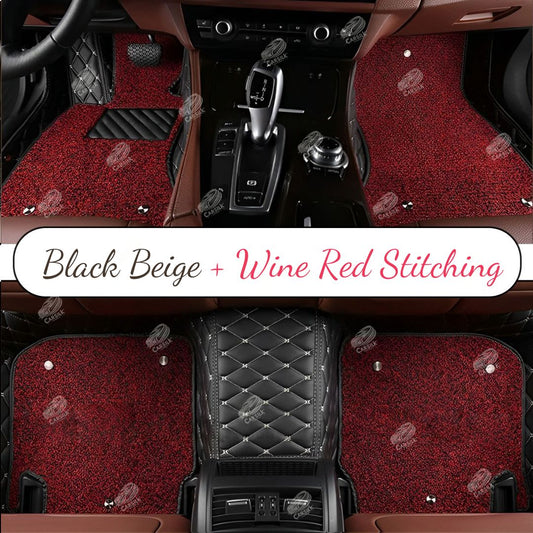 BLACK AND RED WITH BEIGE STITCHING DIAMOND LUXURY CAR MATS SET