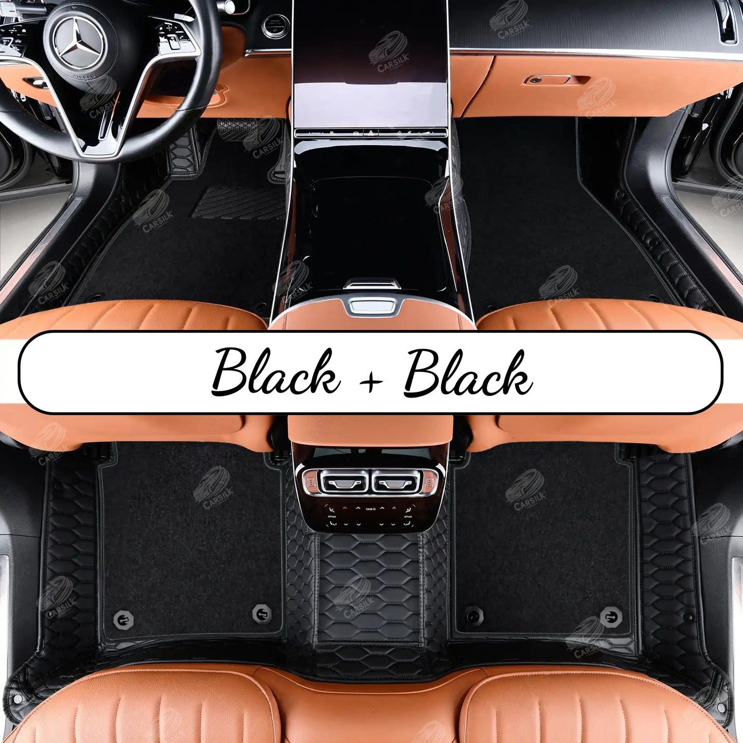 BLACK & BLACK STITCHING HONEYCOMB BASE WITH BLACK TOP CARPET DOUBLE LAYER CAR MAT SET - Carsilks 