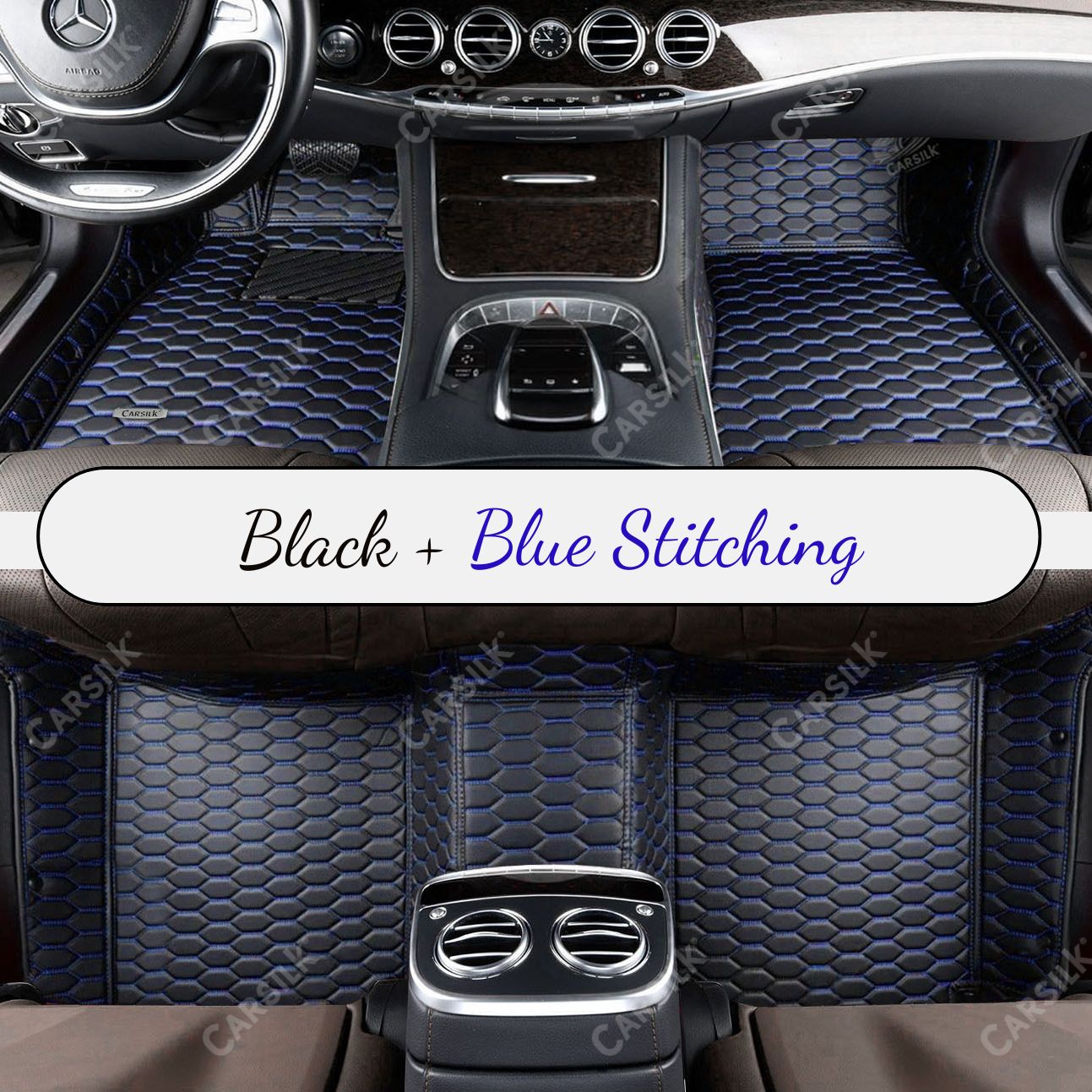 BLACK & BLUE STITCHING HONEY COMB LUXURY CAR MATS SET - Carsilks 