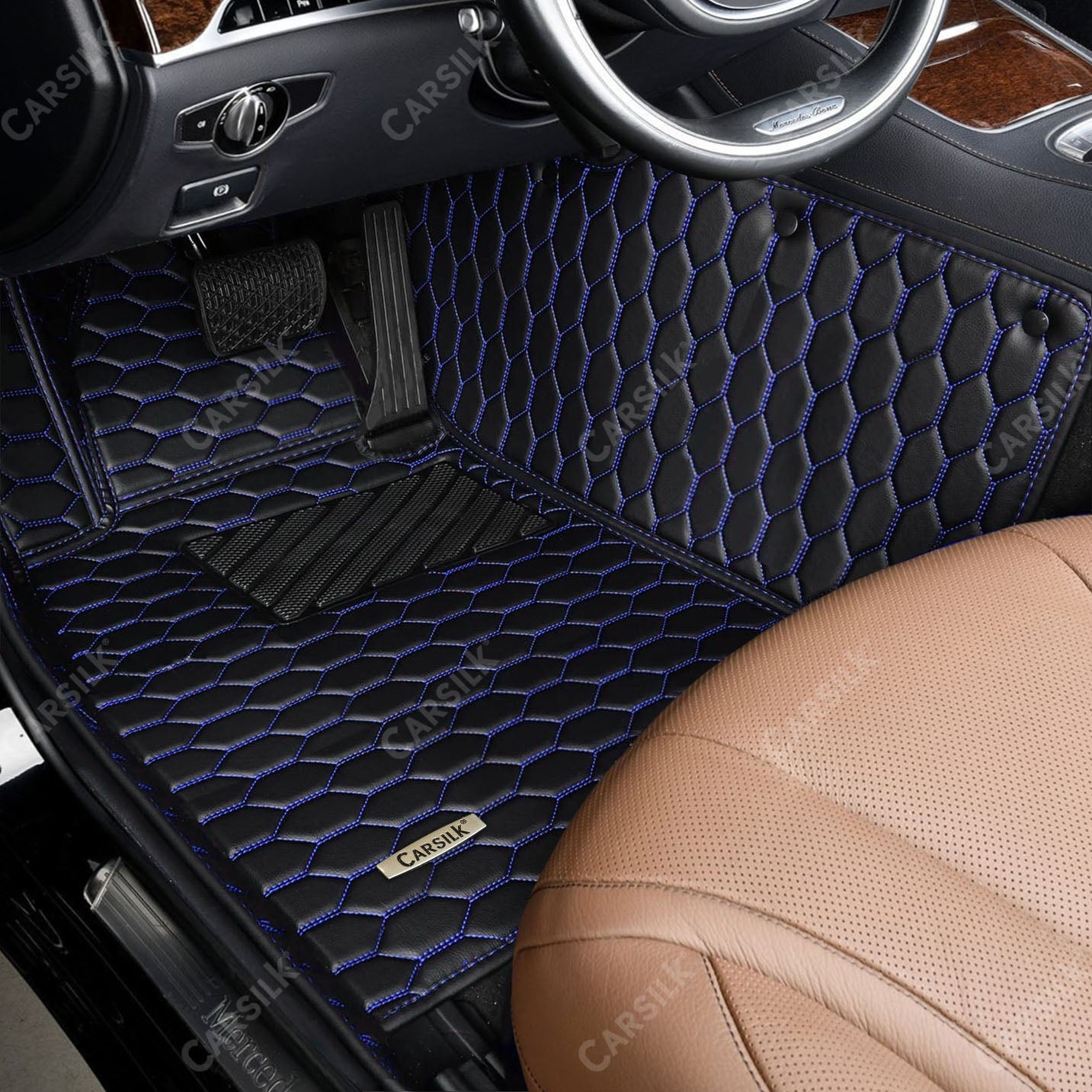 BLACK & BLUE STITCHING HONEY COMB LUXURY CAR MATS SET - Carsilks 