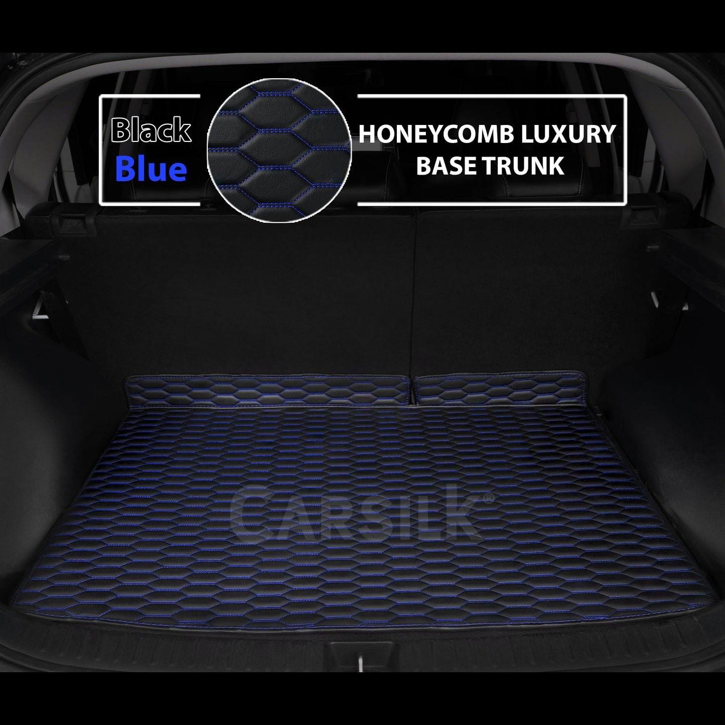 BLACK & BLUE STITCHING HONEYCOMB LUXURY BASE TRUNK CAR MATS SET - Carsilks 