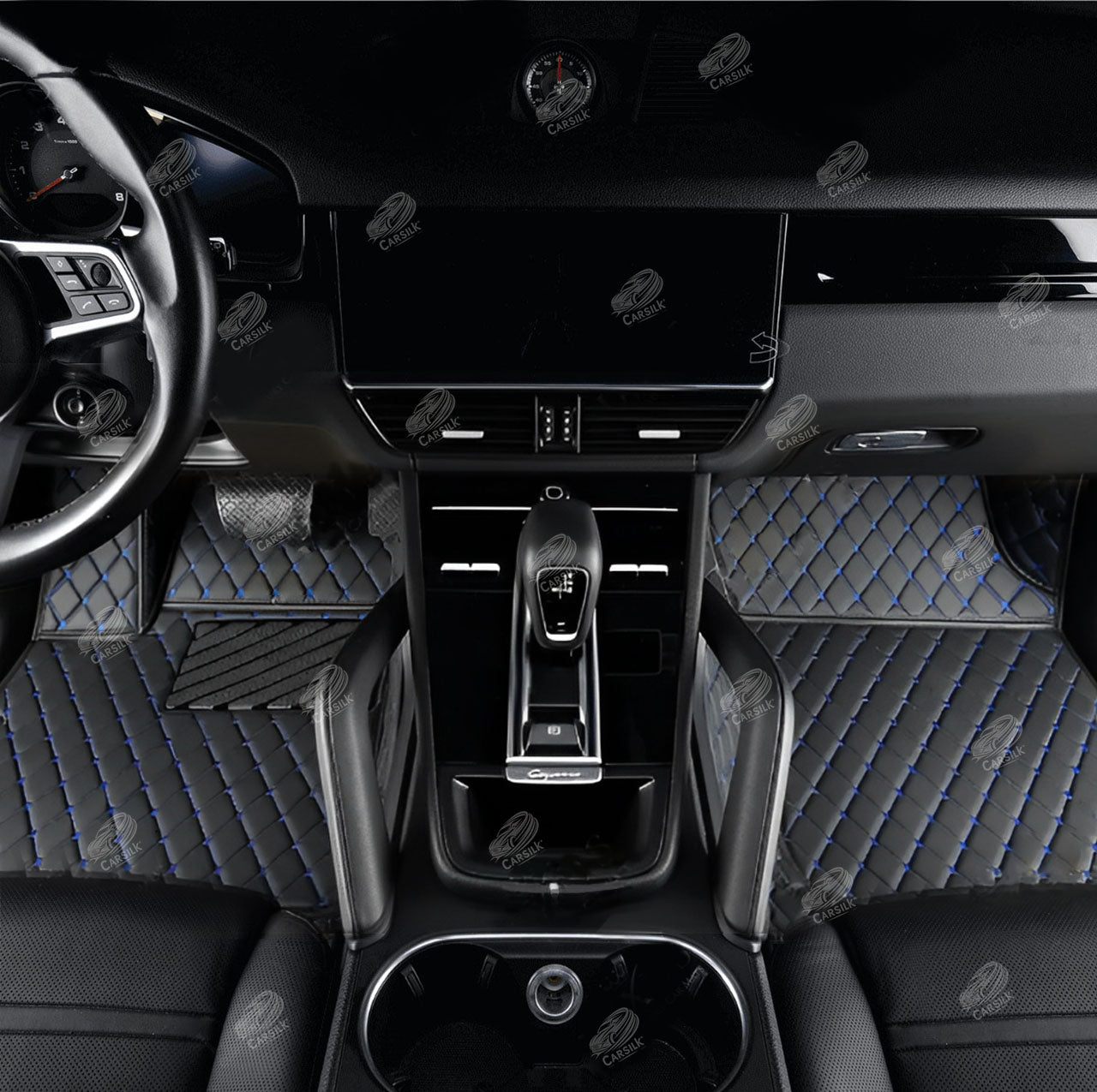 BLACK & BLUE STITCHING DIAMOND LUXURY CAR MATS SET