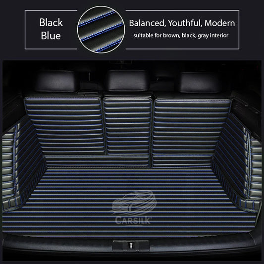 BLACK BLUE STITCHING 3D STRIPE LUXURY TRUNK CAR MATS SET - Carsilks 