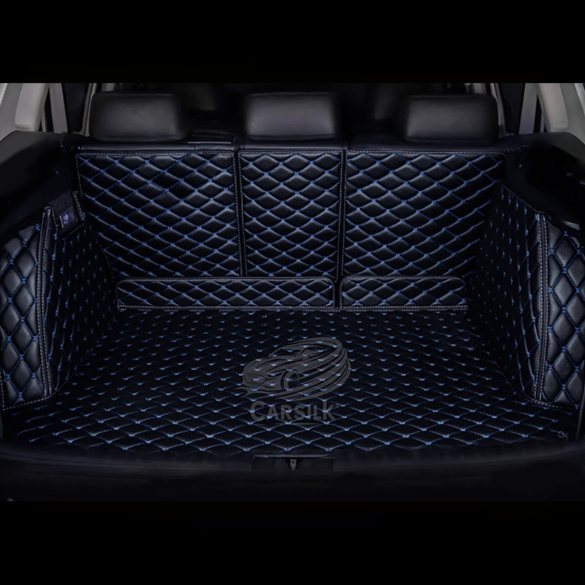 BLACK BLUE STITCHING 3D DIAMOND LUXURY TRUNK CAR MATS SET - Carsilks 