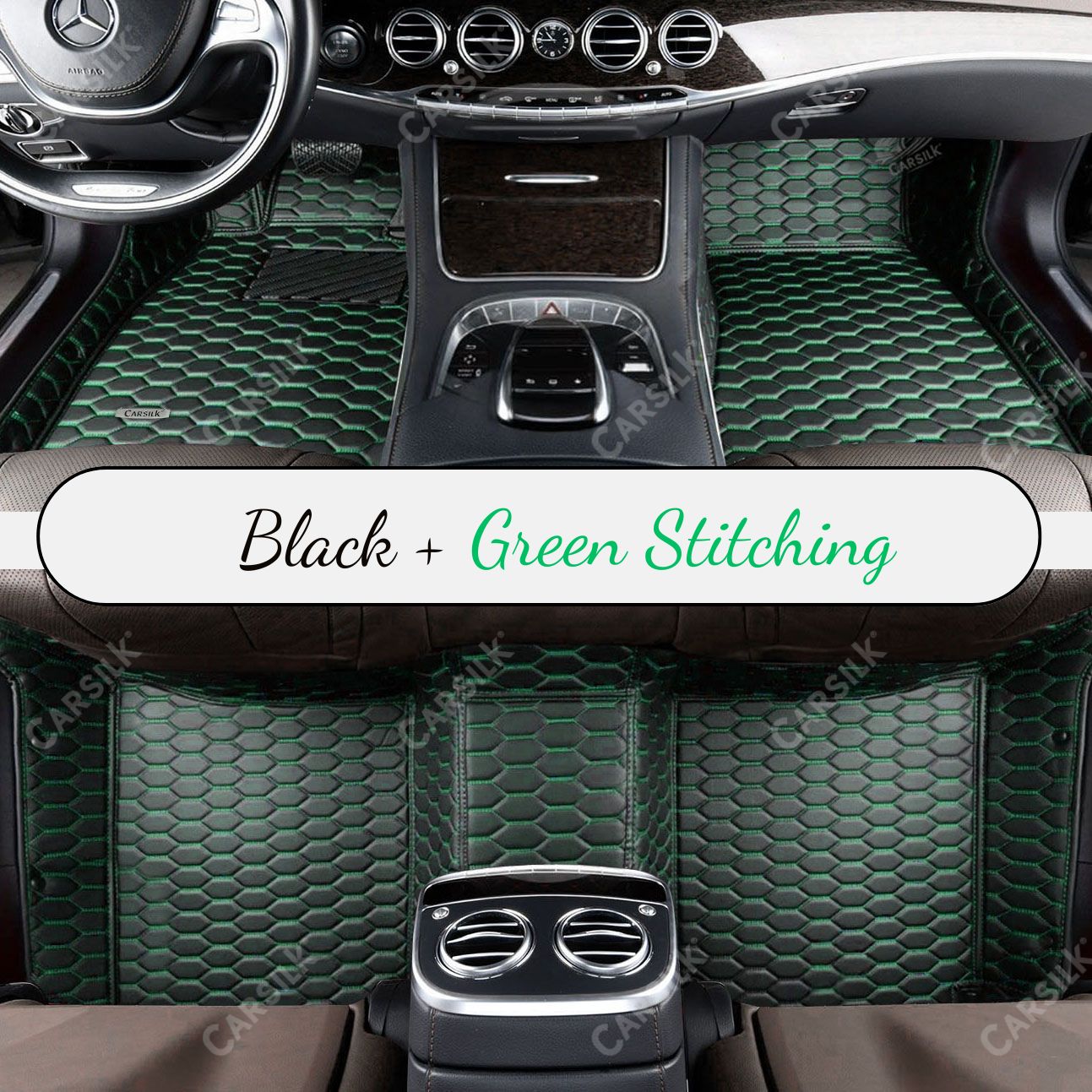 BLACK & GREEN STITCHING HONEY COMB LUXURY CAR MATS SET - Carsilks 