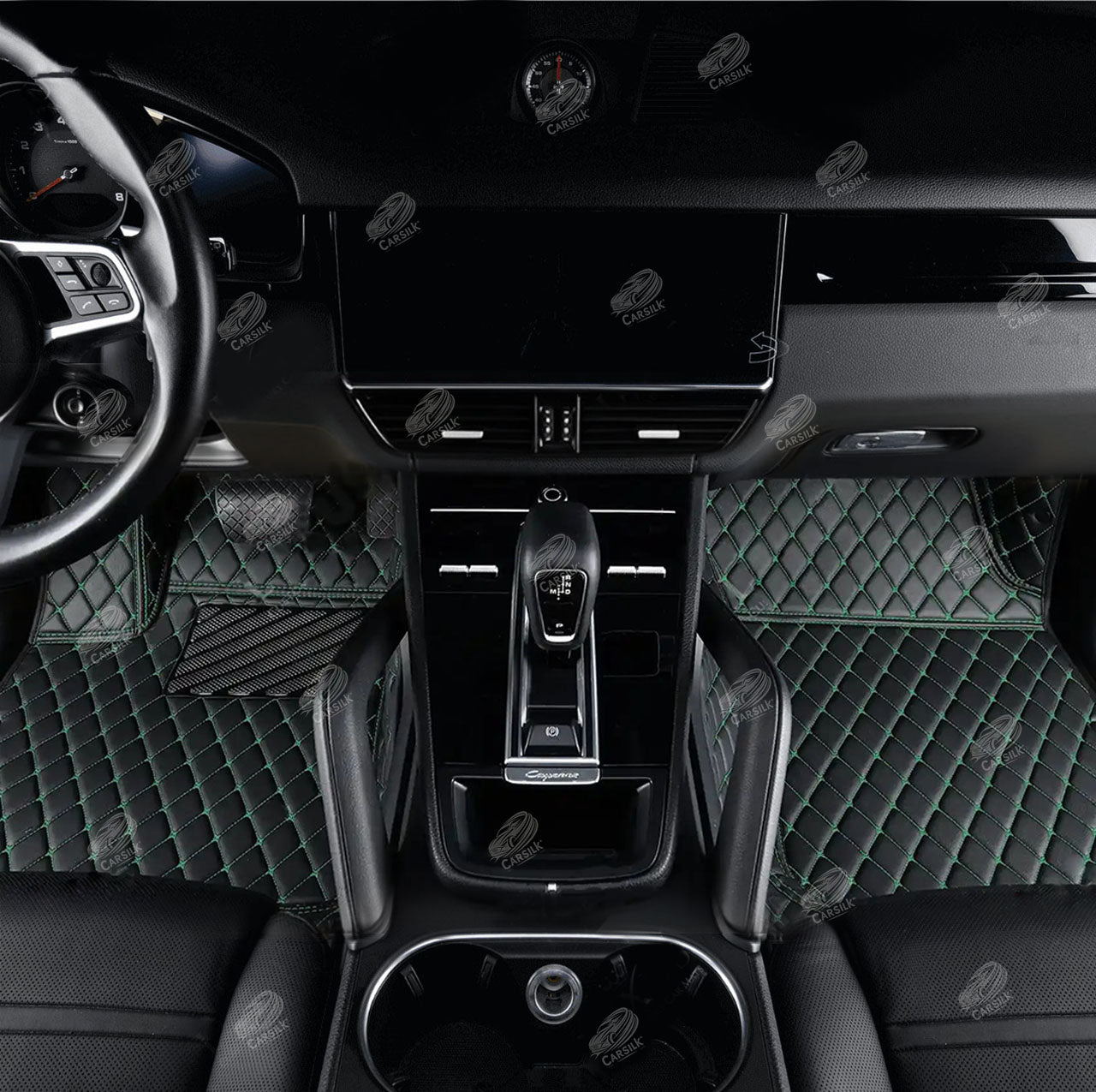 BLACK & GREEN STITCHING DIAMOND LUXURY CAR MATS SET - Carsilks 