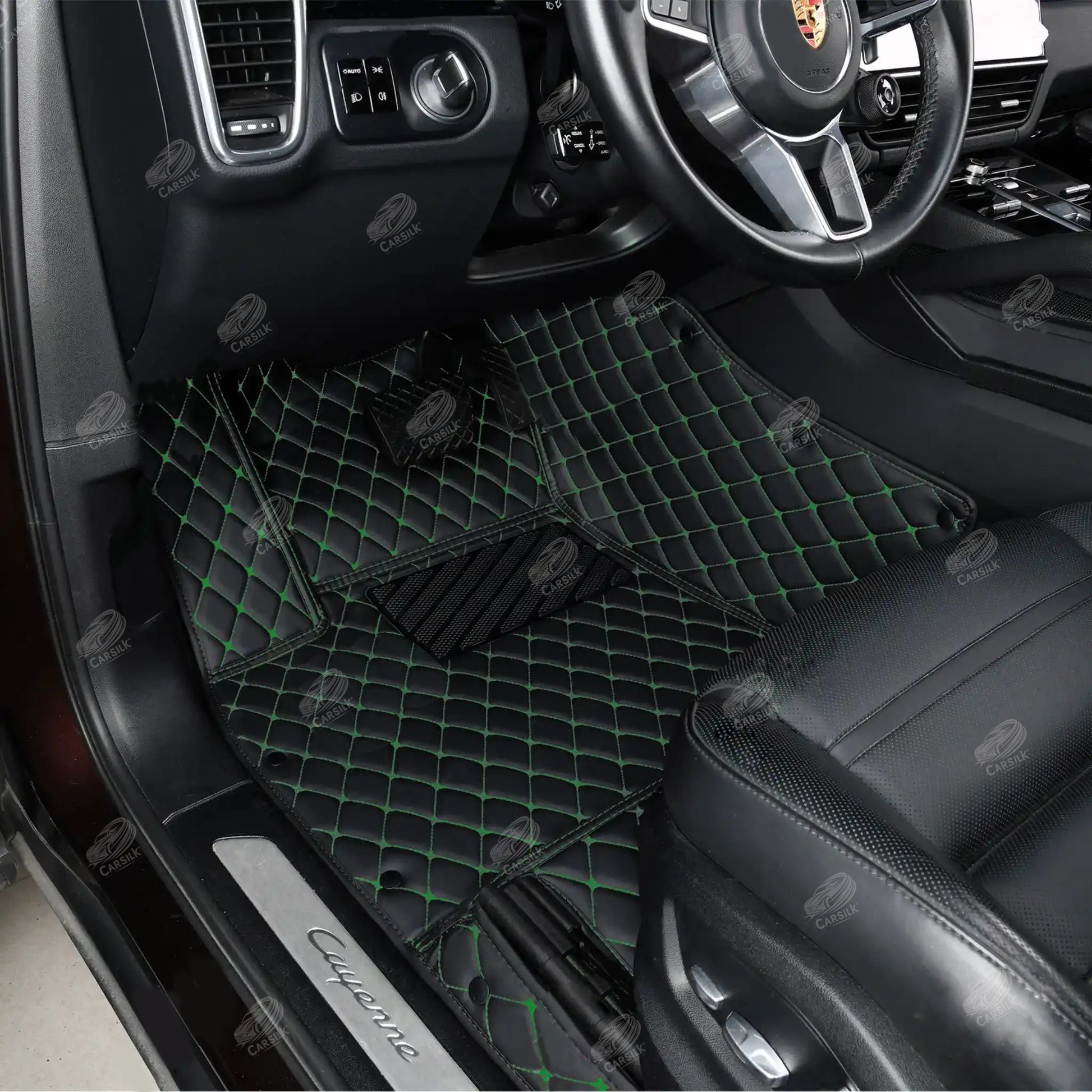 BLACK & GREEN STITCHING DIAMOND LUXURY CAR MATS SET - Carsilks 