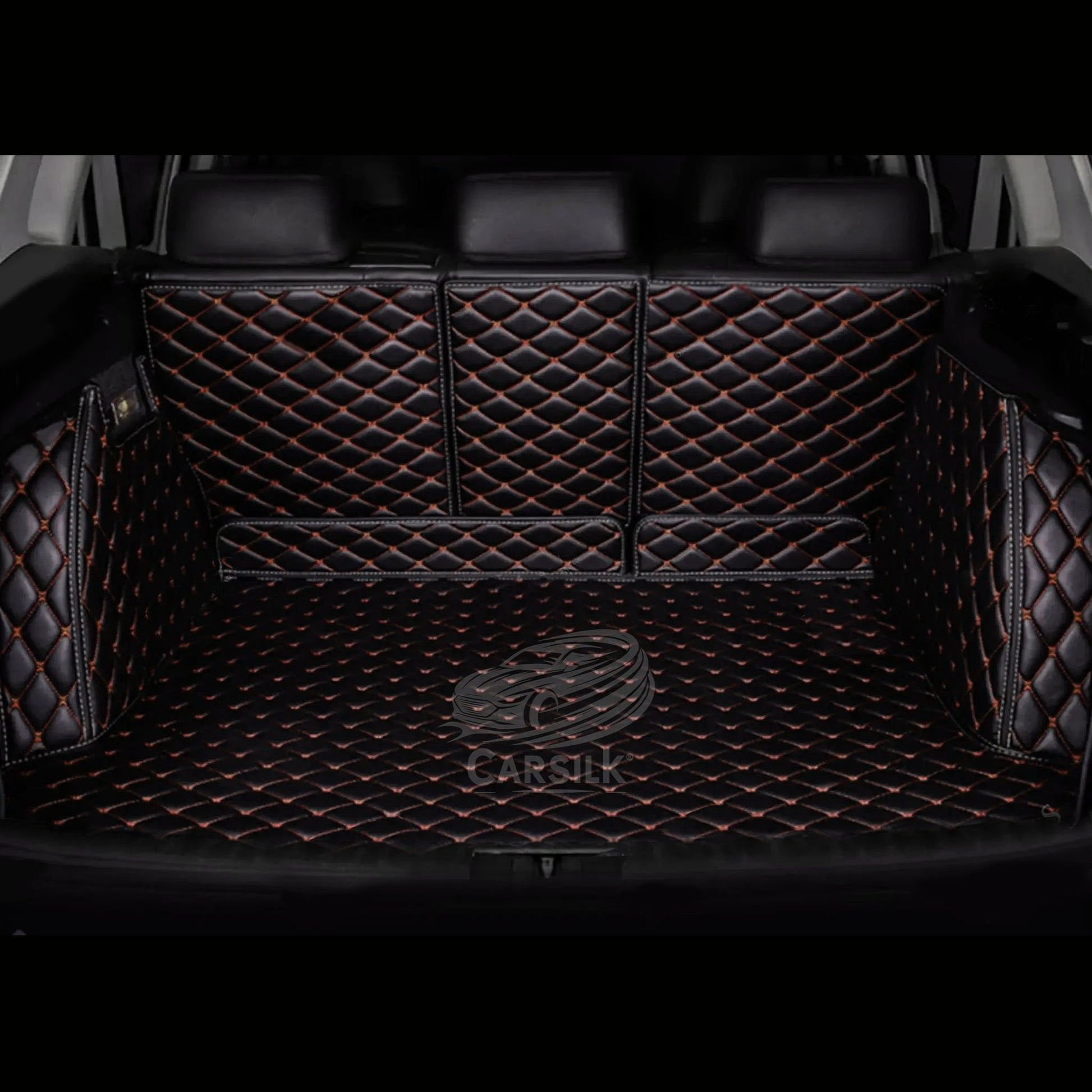 BLACK ORANGE STITCHING 3D DIAMOND LUXURY TRUNK CAR MATS SET - Carsilks 