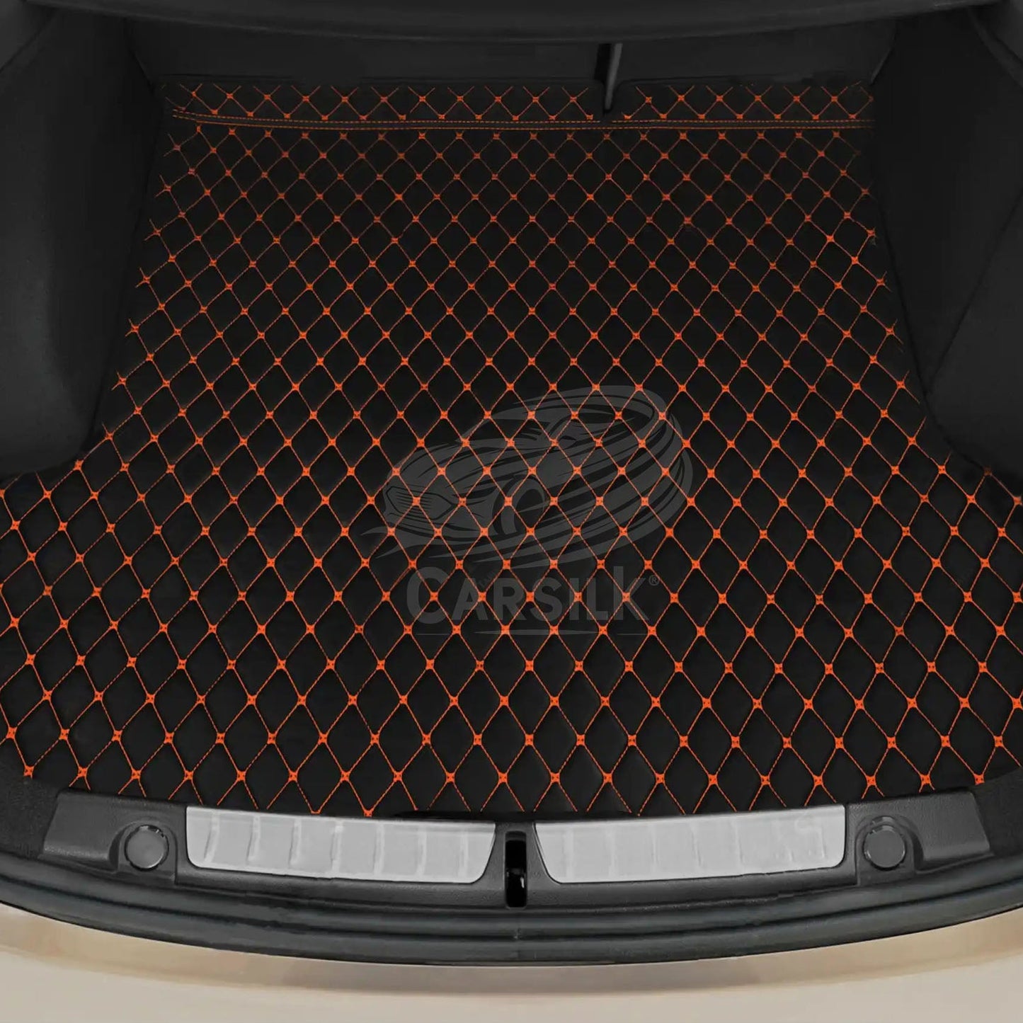 BLACK & ORANGE STITCHING DIAMOND LUXURY BASE TRUNK CAR MATS SET