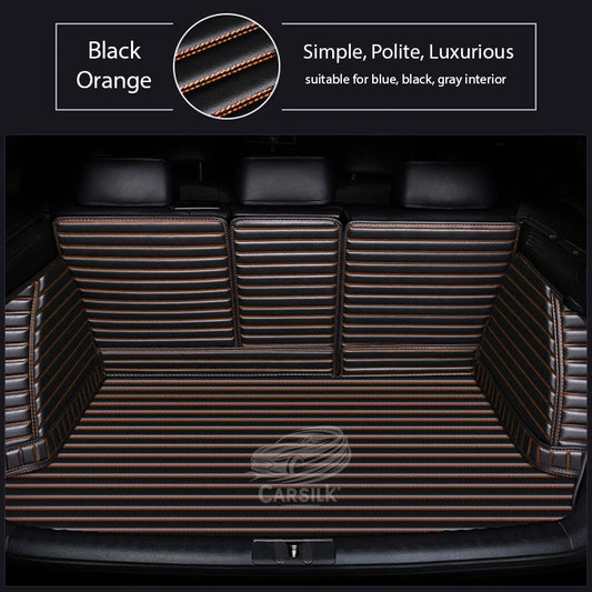 BLACK ORANGE STITCHING 3D STRIPE LUXURY TRUNK CAR MATS SET - Carsilks 