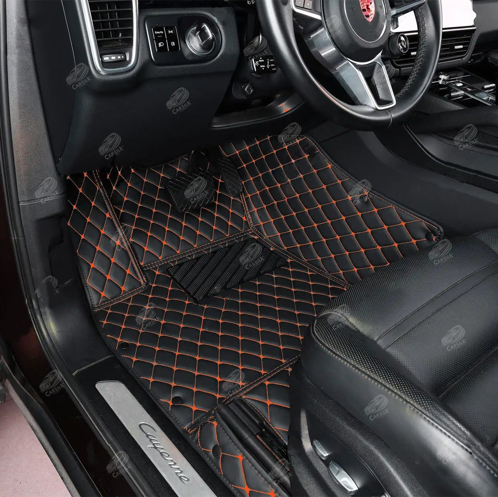 BLACK & ORANGE STITCHING DIAMOND LUXURY CAR MATS SET - Carsilks 