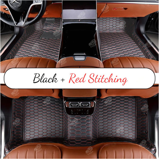 BLACK AND RED STITCHING HONEY COMB LUXURY CAR MATS SET