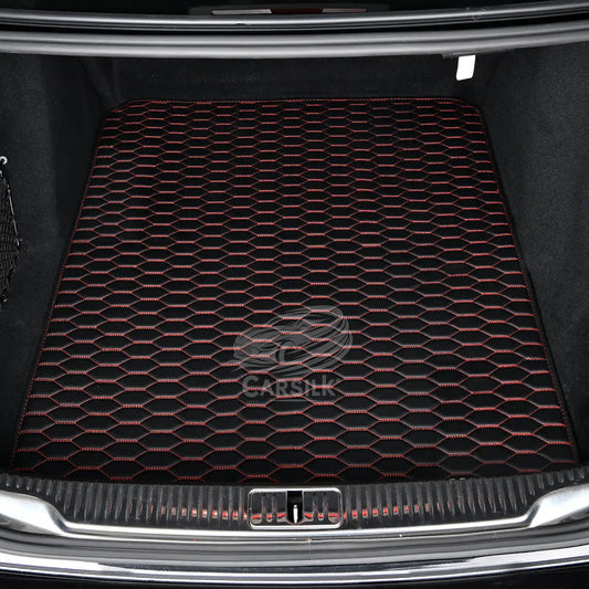 BLACK & RED STITCHING HONEY COMB LUXURY BASE TRUNK CAR MATS SET - Carsilks 