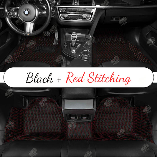 BLACK & RED DOUBLE STITCHING DIAMOND LUXURY CAR MATS SET - Carsilks 