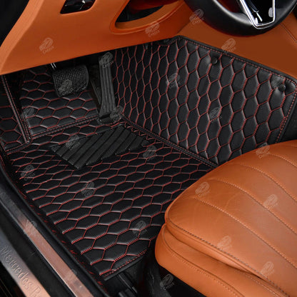 BLACK AND RED STITCHING HONEY COMB LUXURY CAR MATS SET